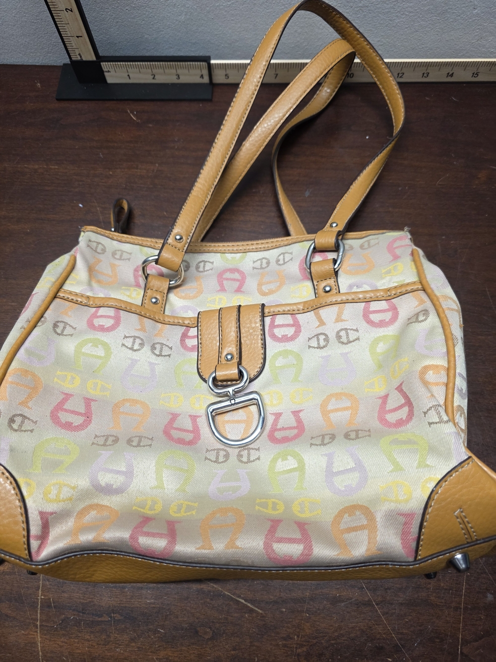 Etienne Aigner Multicolor Logo Tote with Tan Leather Trim